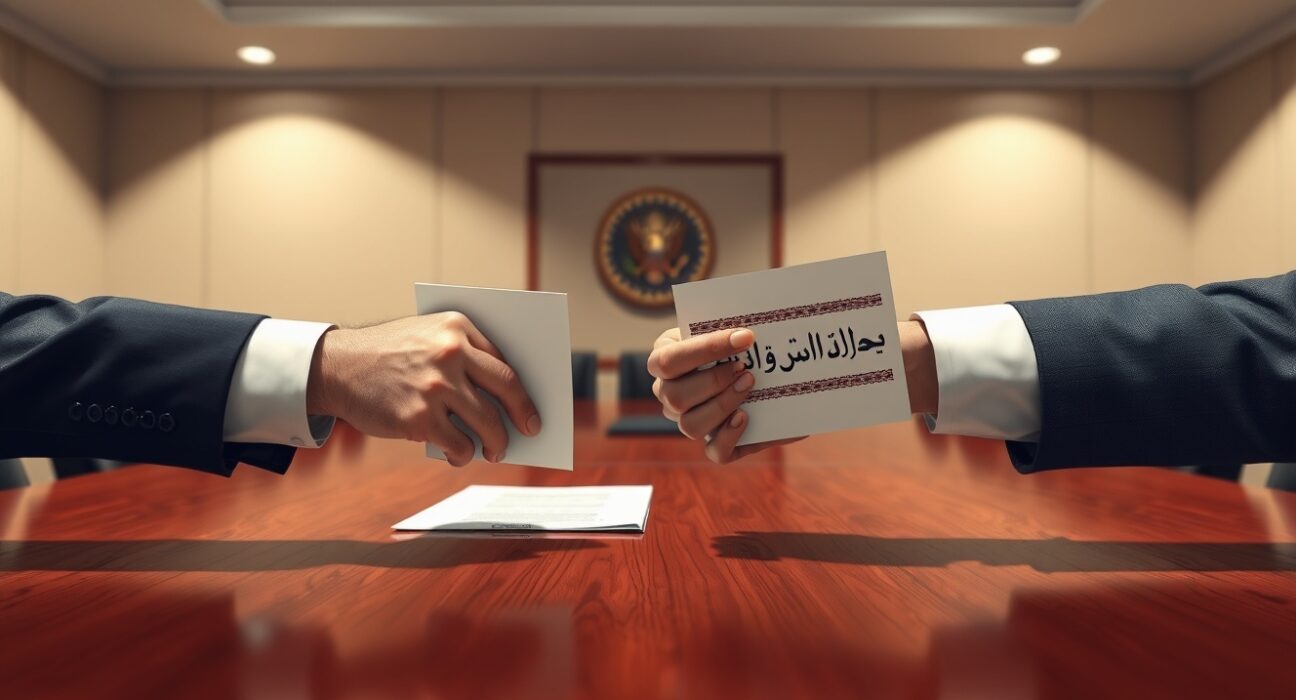 Symbolic image of US-Iran diplomatic negotiations during a critical phase described as regime change.