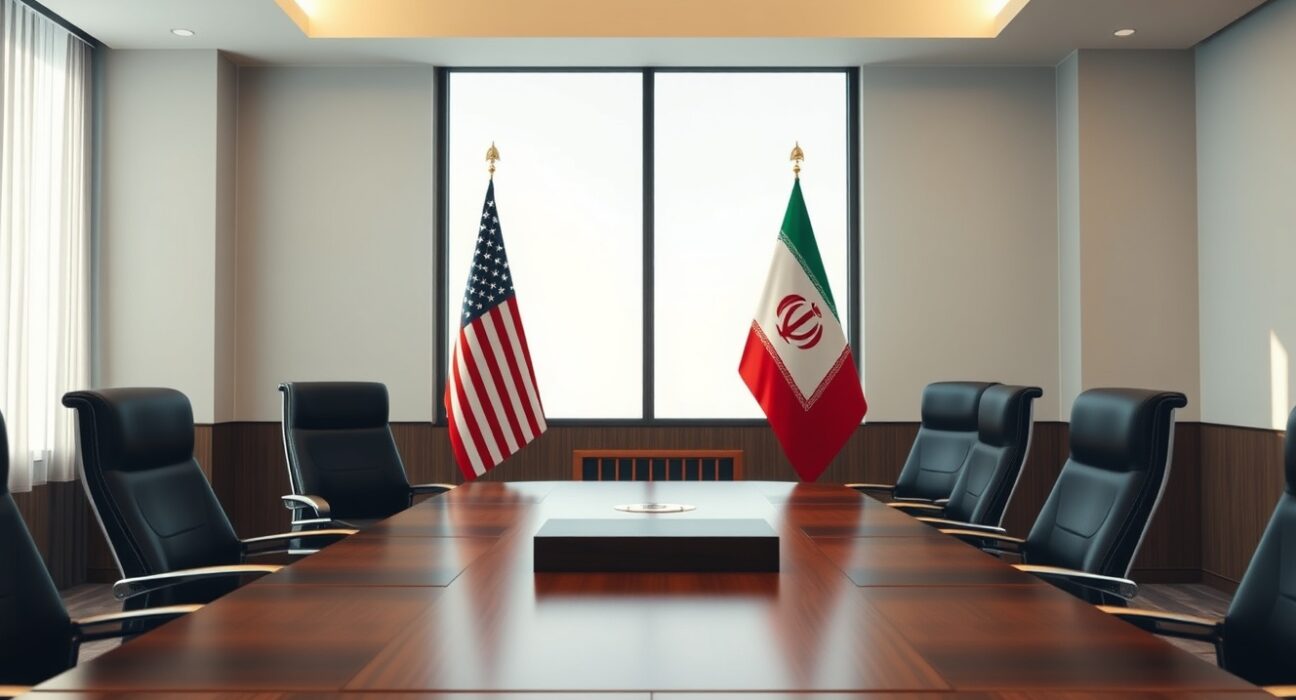 Empty diplomatic meeting room with American and Iranian flags, representing US-Iran negotiations