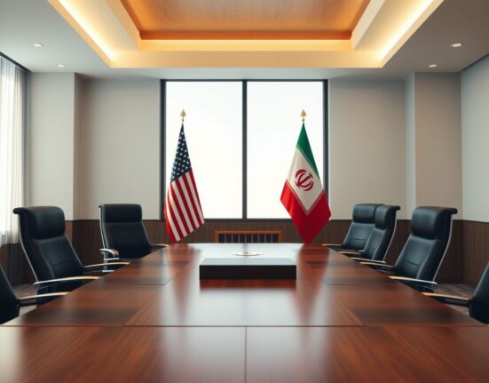 Empty diplomatic meeting room with American and Iranian flags, representing US-Iran negotiations
