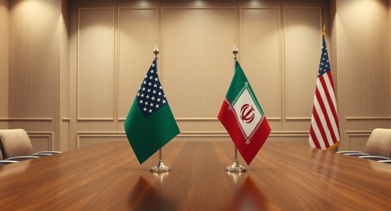 US and Iranian flags on a table in a diplomatic meeting room, symbolizing ongoing nuclear negotiations.