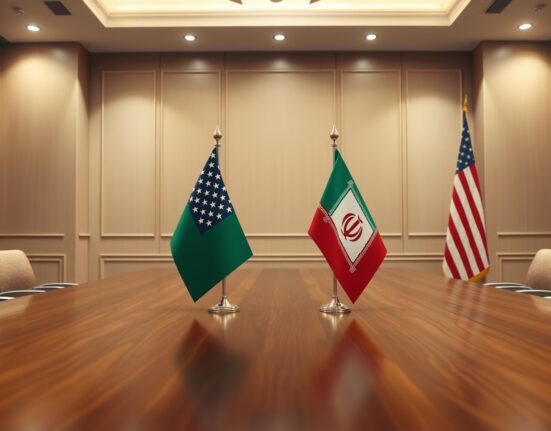 US and Iranian flags on a table in a diplomatic meeting room, symbolizing ongoing nuclear negotiations.