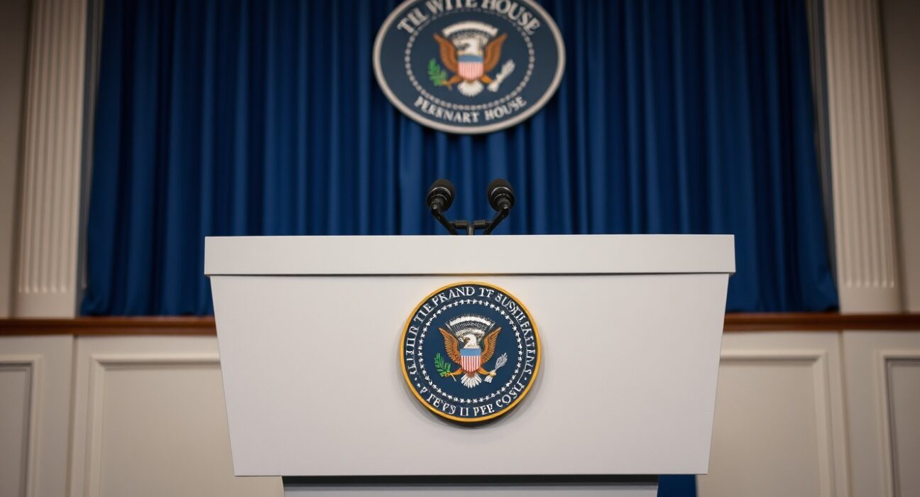 White House press briefing room podium with presidential seal, representing official US government statement on Iran policy.
