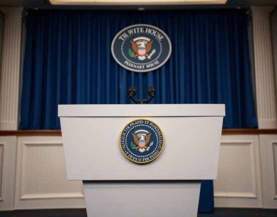 White House press briefing room podium with presidential seal, representing official US government statement on Iran policy.
