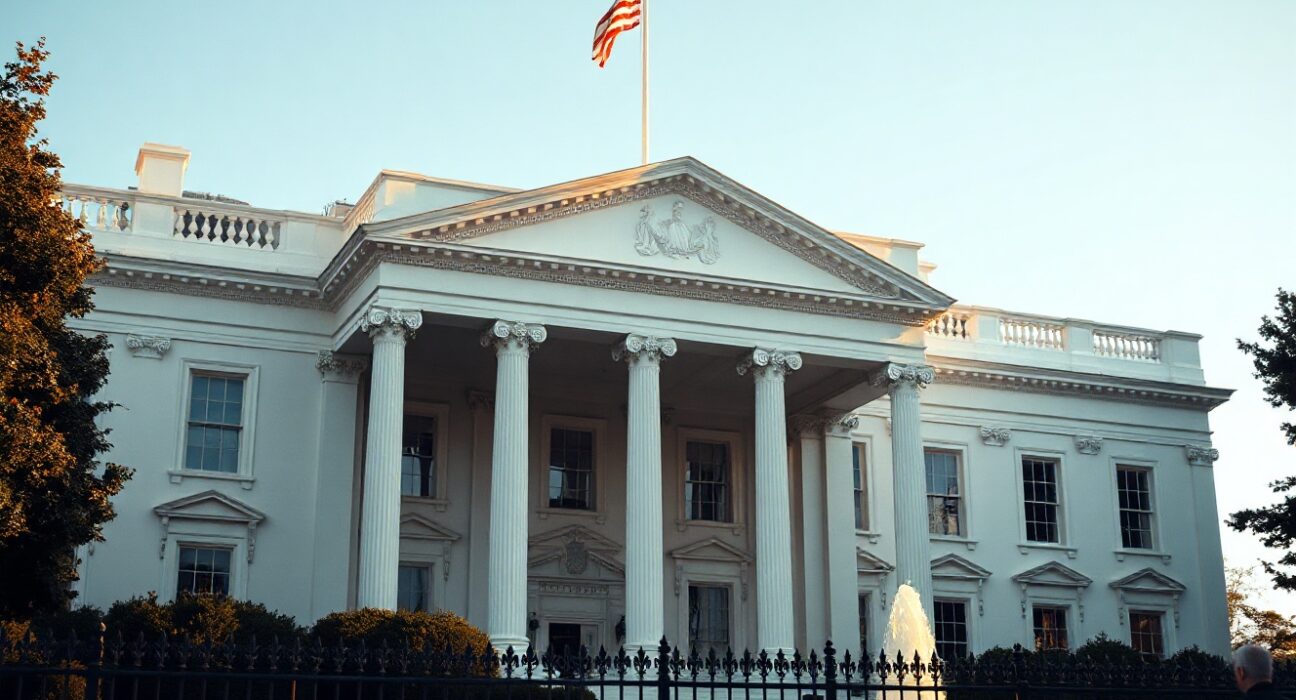 White House exterior on a clear afternoon, symbolizing US political authority and diplomatic tension with Iran