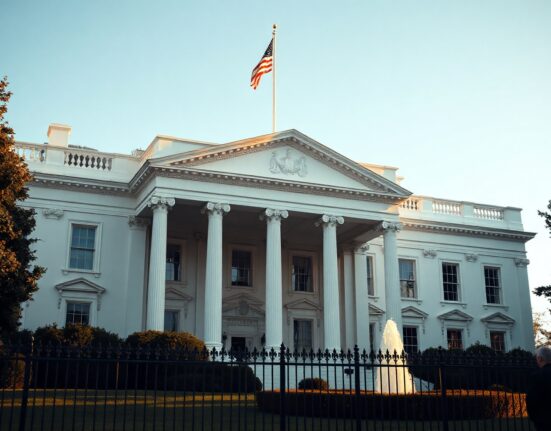 White House exterior on a clear afternoon, symbolizing US political authority and diplomatic tension with Iran