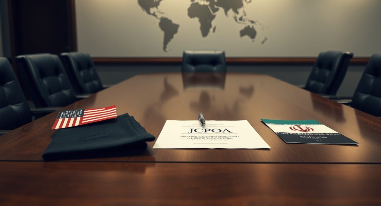 Symbolic scene of US-Iran nuclear deal negotiations on a conference table, representing the imminent diplomatic breakthrough.