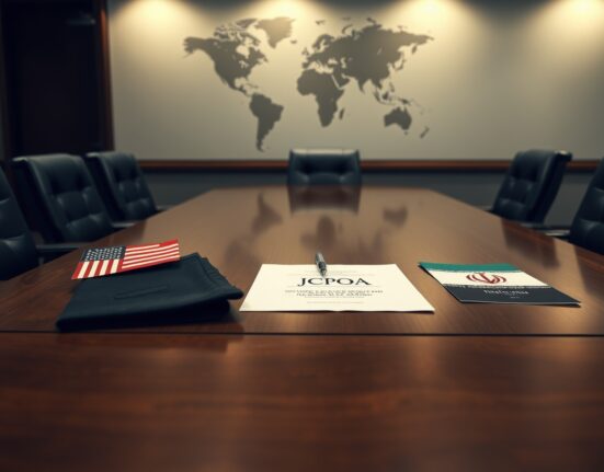 Symbolic scene of US-Iran nuclear deal negotiations on a conference table, representing the imminent diplomatic breakthrough.
