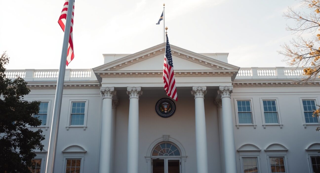 White House exterior on a sunny morning, symbolizing US presidential decision-making on Iran nuclear negotiations.
