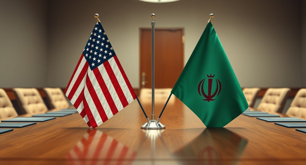 Symbolic representation of US-Iran nuclear negotiations with flags on a negotiation table.