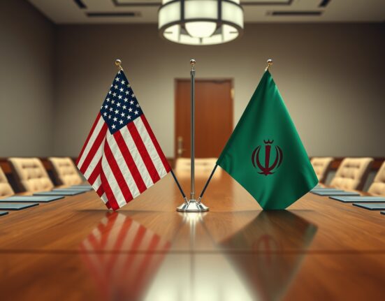 Symbolic representation of US-Iran nuclear negotiations with flags on a negotiation table.