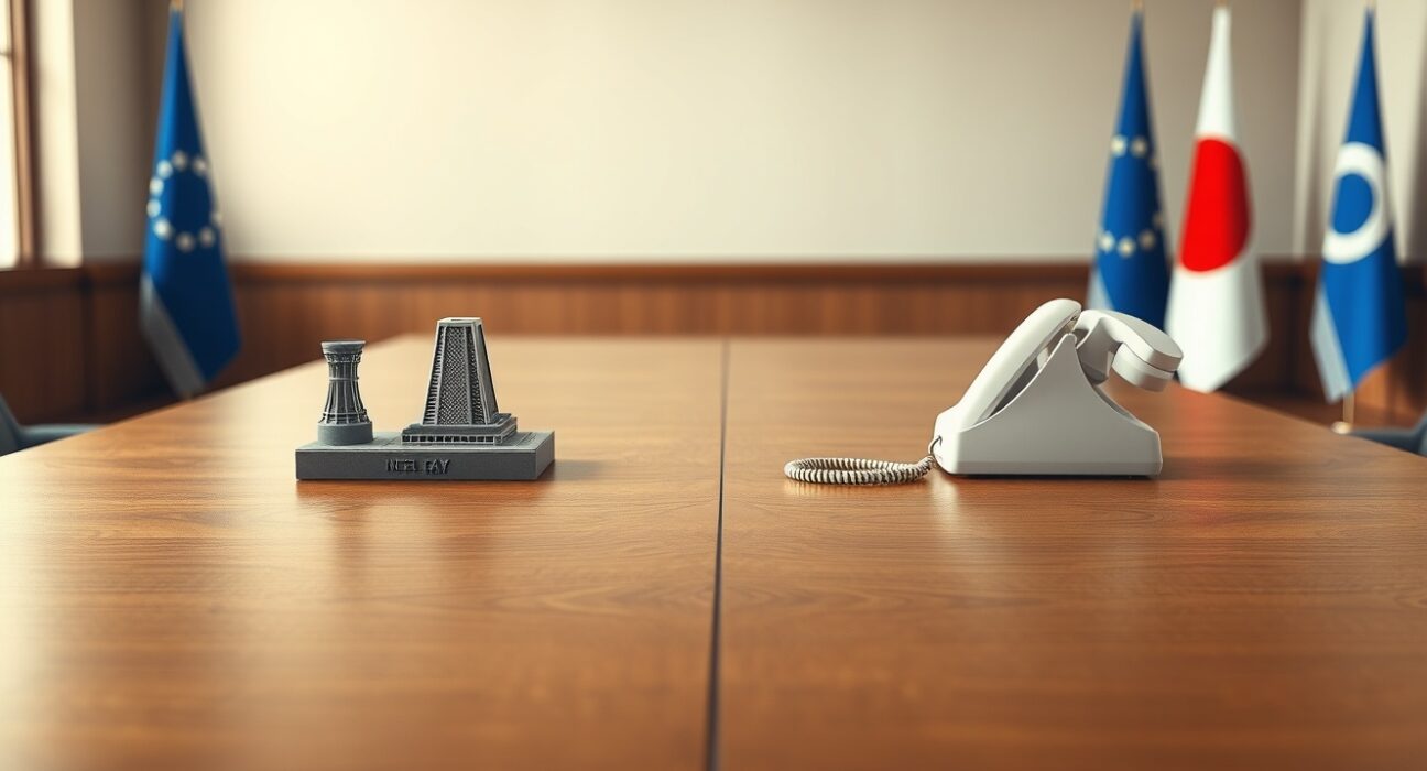 Symbolic image for Trump Iran nuclear negotiations showing a negotiation table with a phone and nuclear tower model.