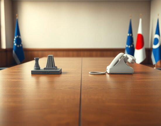 Symbolic image for Trump Iran nuclear negotiations showing a negotiation table with a phone and nuclear tower model.