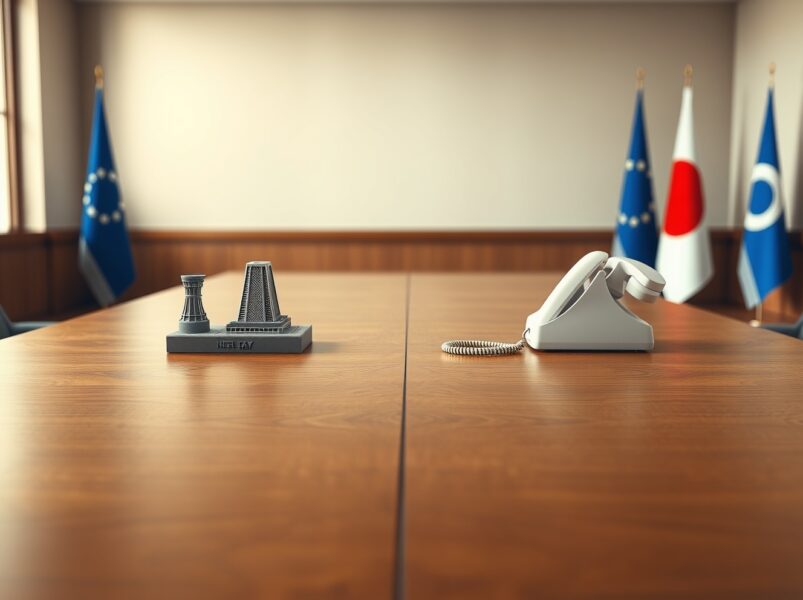 Symbolic image for Trump Iran nuclear negotiations showing a negotiation table with a phone and nuclear tower model.