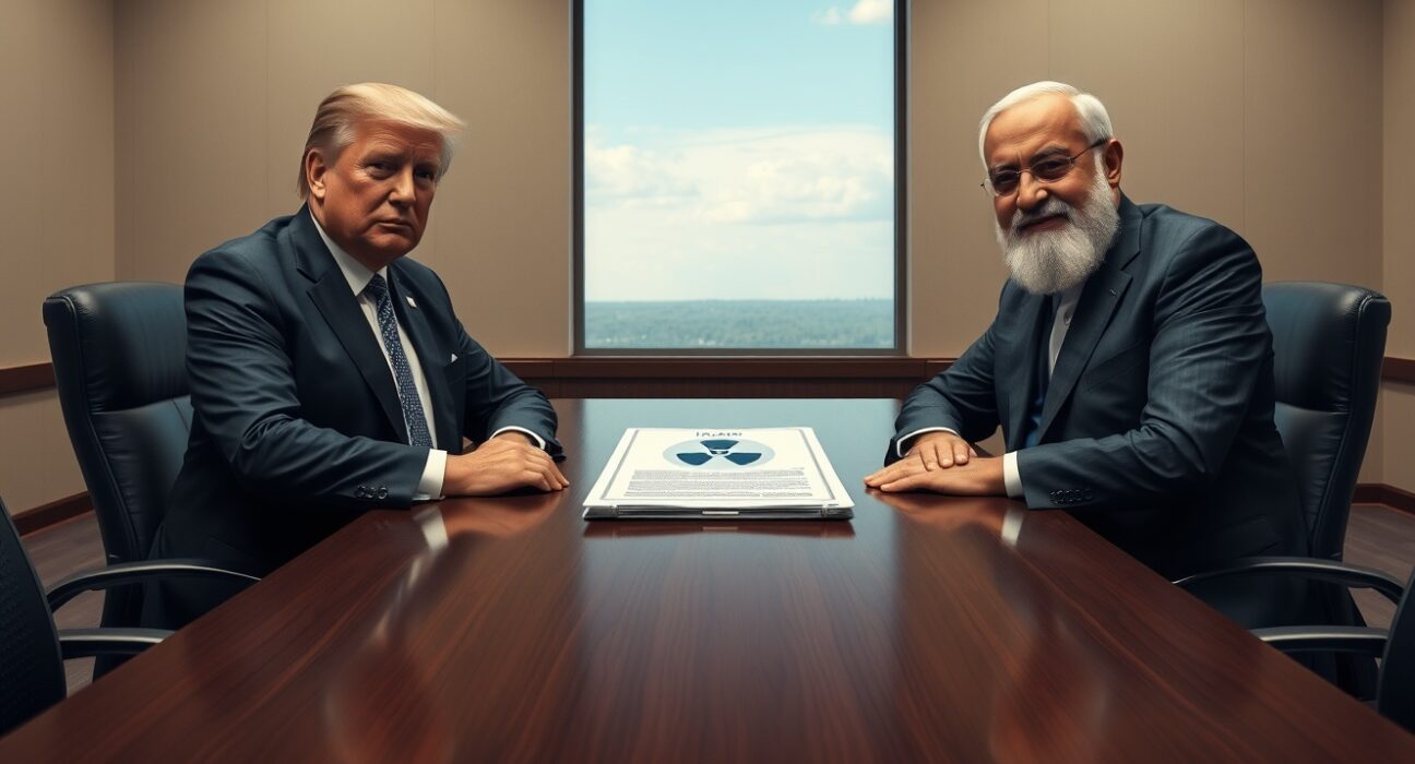 Diplomatic meeting between US and Iranian officials discussing nuclear program suspension.
