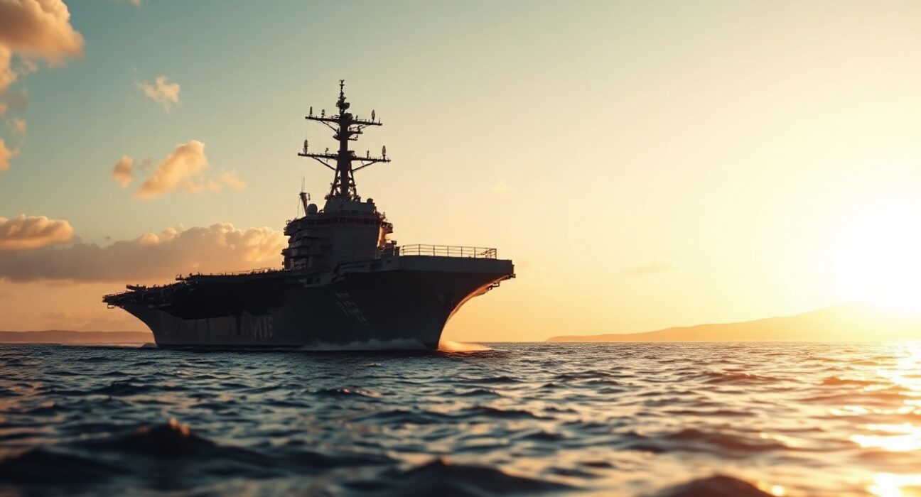 U.S. Navy aircraft carrier in the Strait of Hormuz at sunrise, Iranian coast visible.