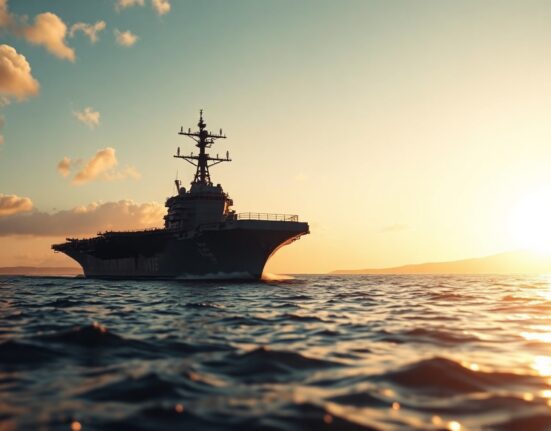 U.S. Navy aircraft carrier in the Strait of Hormuz at sunrise, Iranian coast visible.