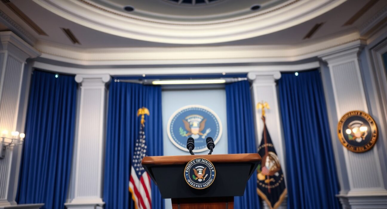 White House press briefing room with podium and presidential seal.