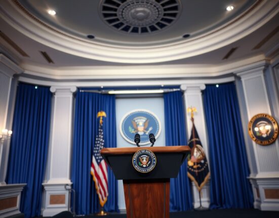 White House press briefing room with podium and presidential seal.