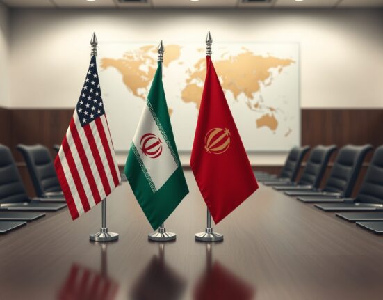 US and Iran flags symbolize diplomatic talks on nuclear weapons agreement announced by Trump.