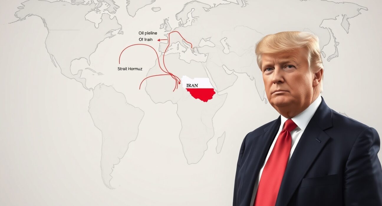 President Trump discussing Iran oil reserves and geopolitical energy strategy with world map background.