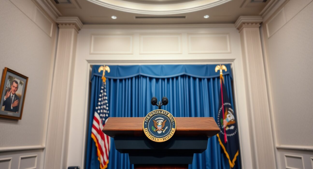White House briefing room podium where the Iran operation timeline update will be announced.