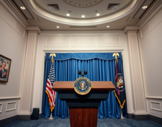 White House briefing room podium where the Iran operation timeline update will be announced.