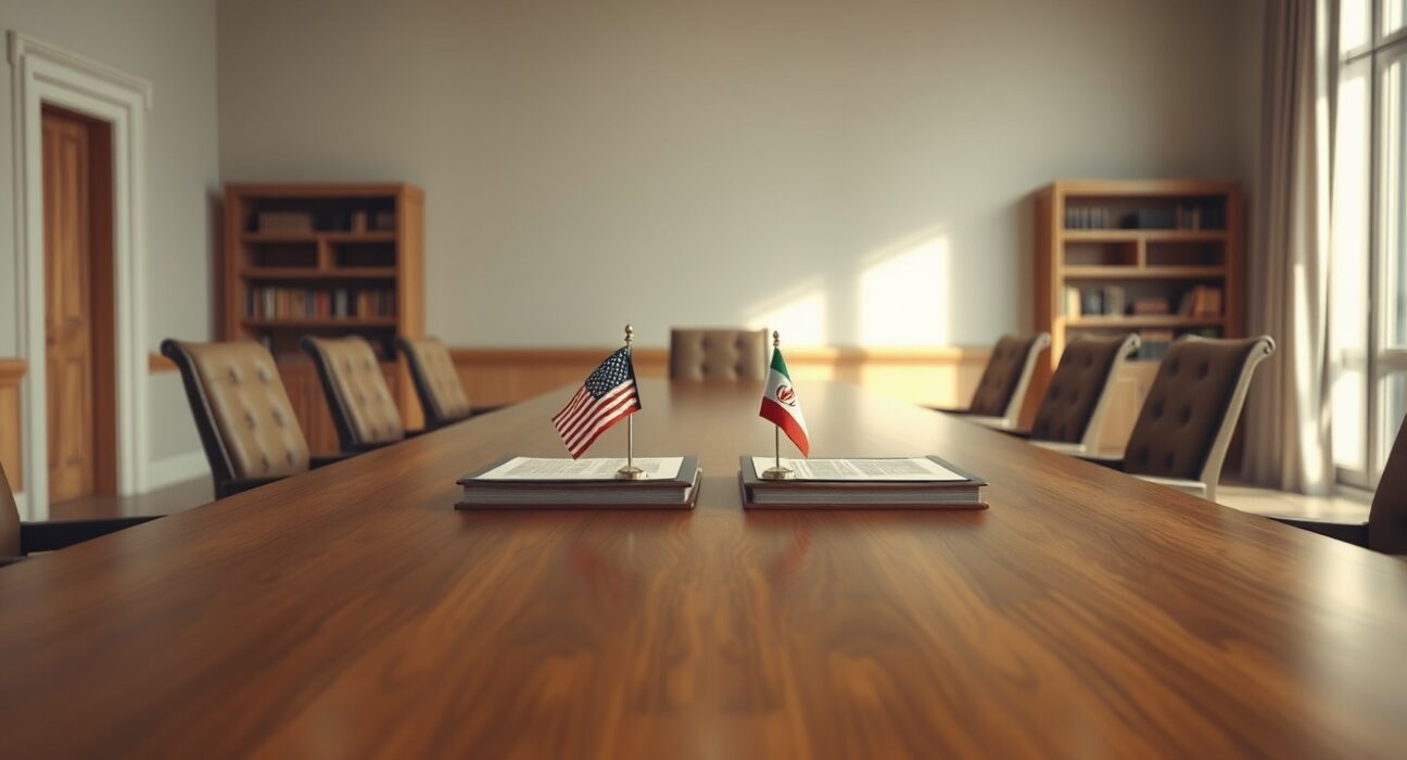 Symbolic representation of US-Iran diplomatic negotiations for a peace deal.