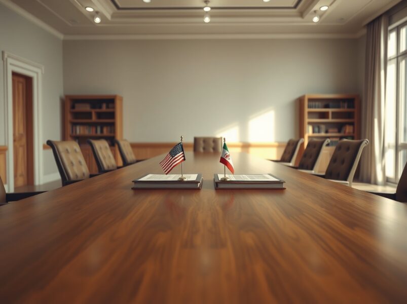 Symbolic representation of US-Iran diplomatic negotiations for a peace deal.