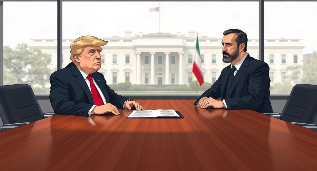 Donald Trump and an Iranian diplomat in a tense negotiation room, representing the Iran peace proposal discussions.