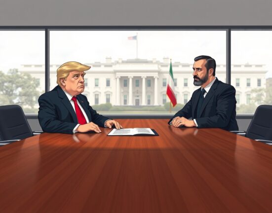 Donald Trump and an Iranian diplomat in a tense negotiation room, representing the Iran peace proposal discussions.