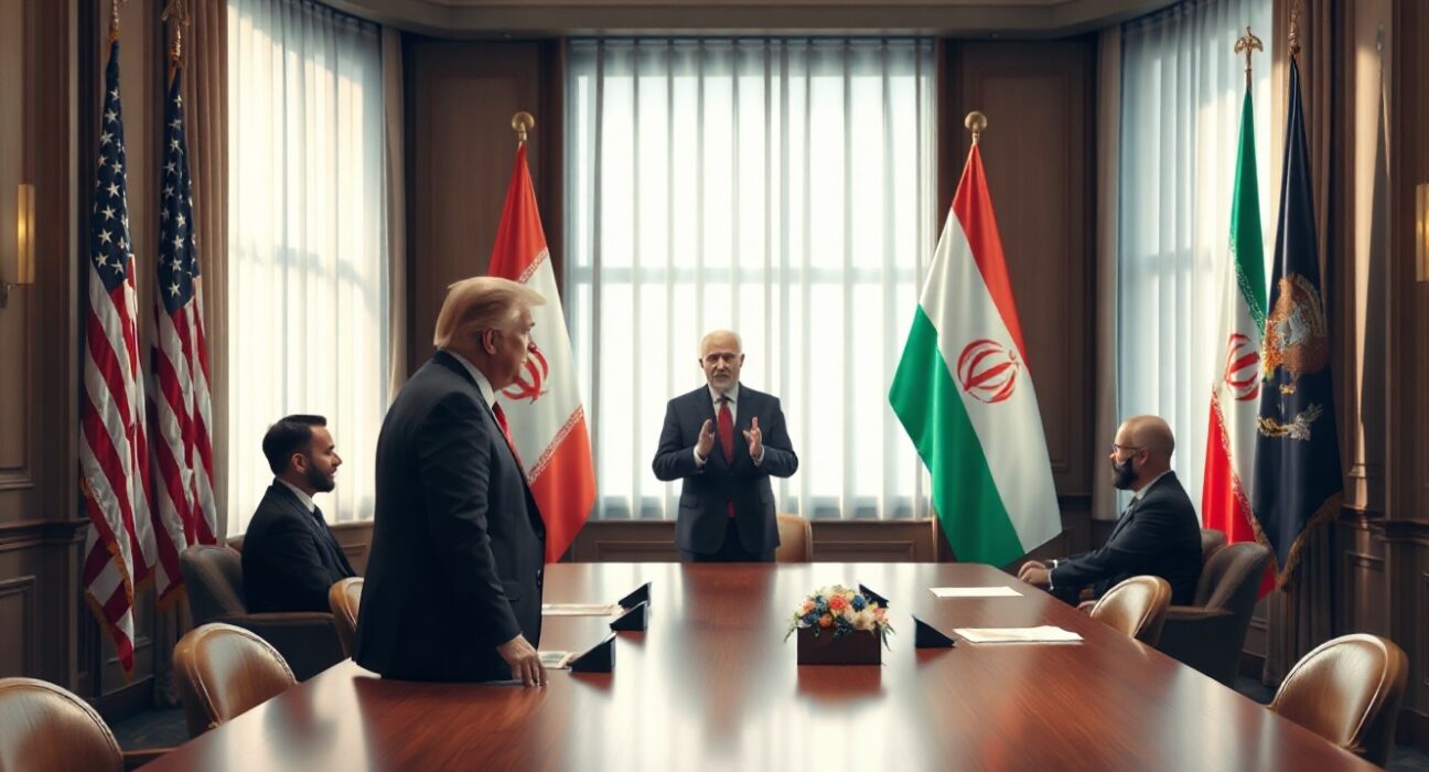 Diplomatic meeting table with US and Iran flags, symbolizing ongoing negotiations.
