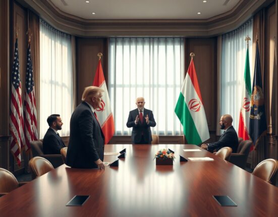 Diplomatic meeting table with US and Iran flags, symbolizing ongoing negotiations.