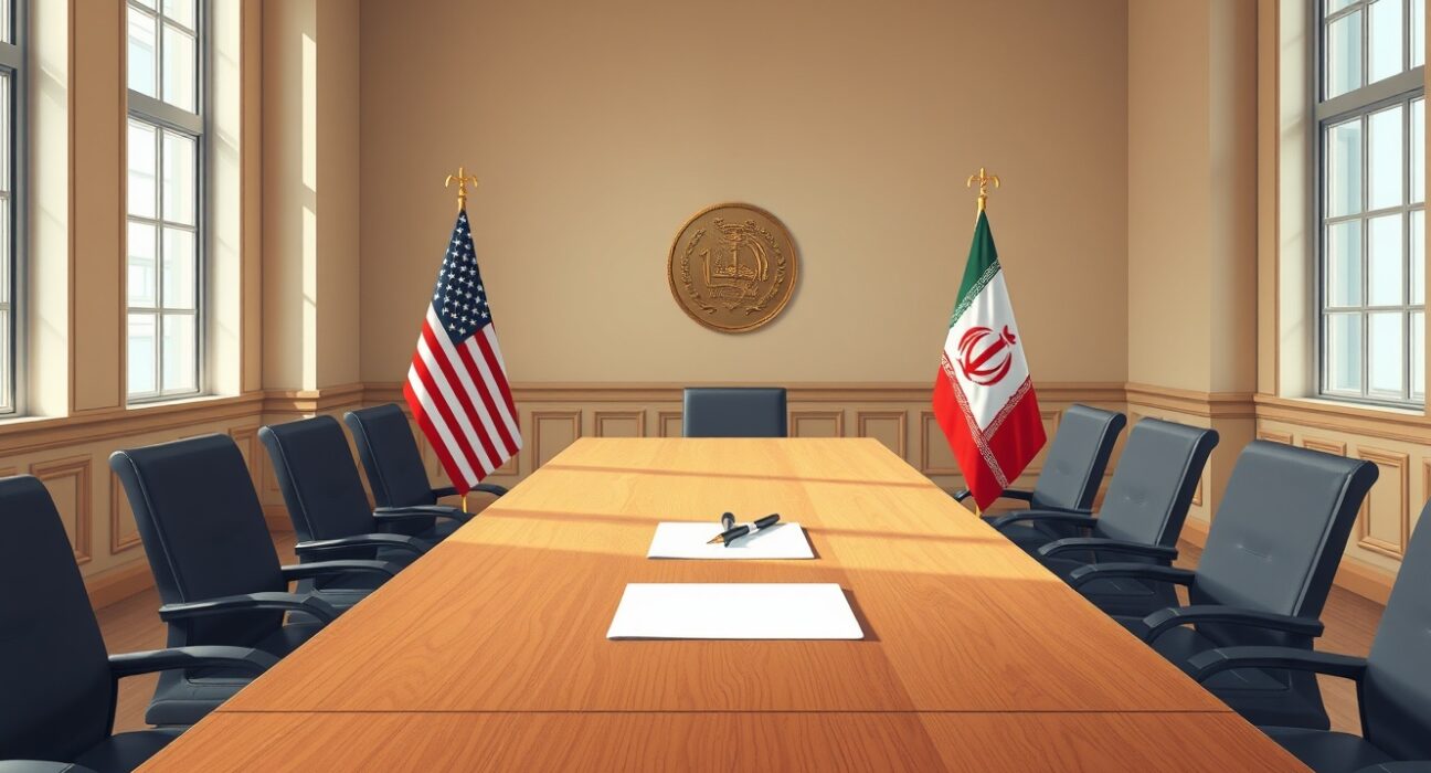 Trump Iran proposal diplomatic meeting table with US and Iranian flags