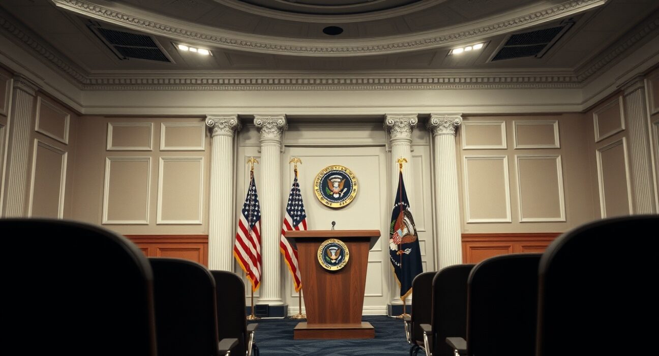 Empty White House briefing room with presidential podium and American flag before a press conference.