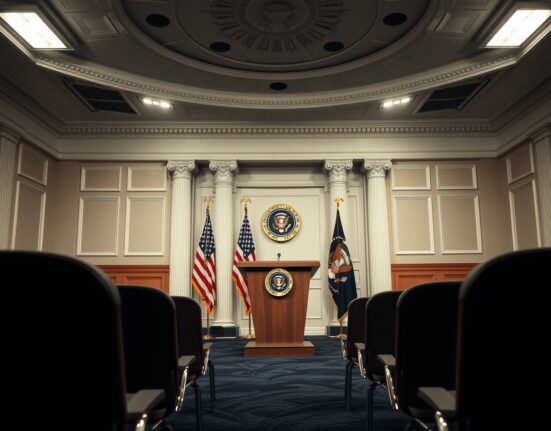 Empty White House briefing room with presidential podium and American flag before a press conference.
