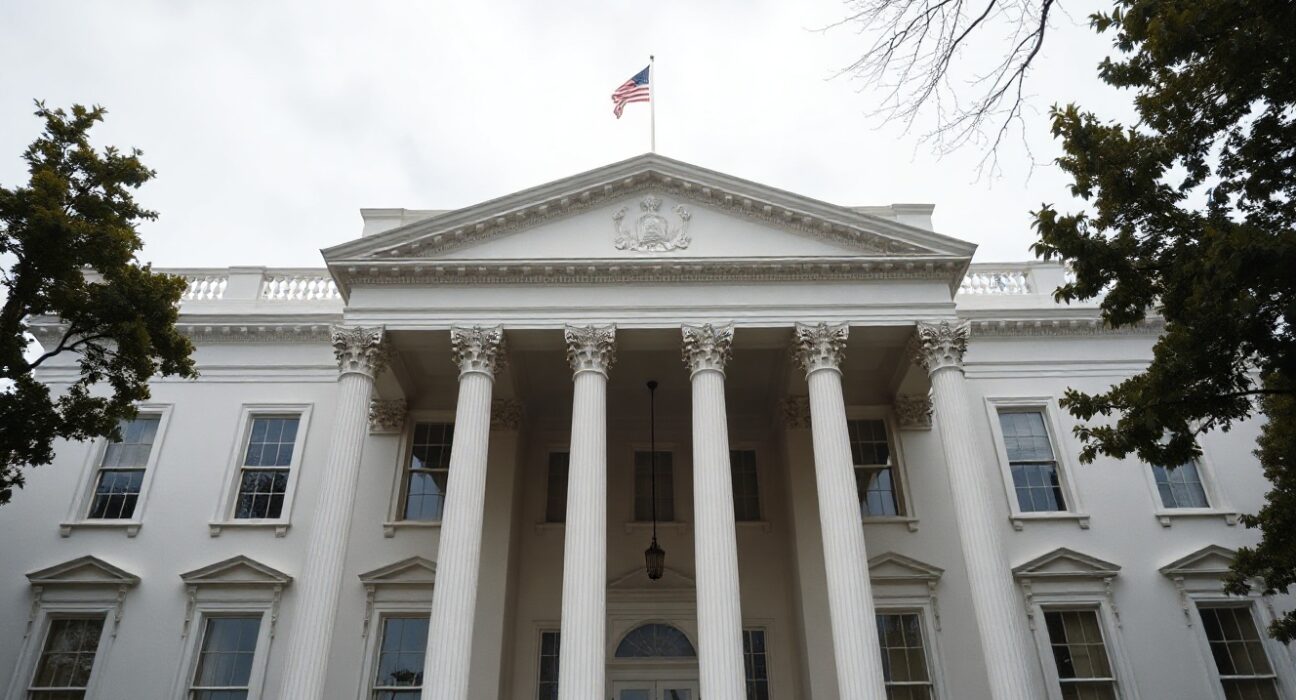 White House exterior on a clear day, with the American flag flying, representing the setting for President Trump's statement on Iran.