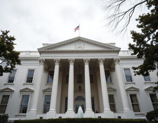 White House exterior on a clear day, with the American flag flying, representing the setting for President Trump's statement on Iran.