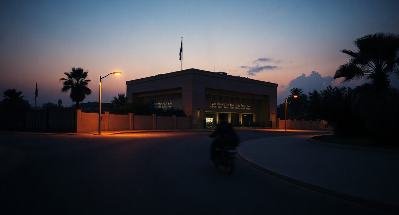 A quiet street and government building at dusk in a Middle Eastern city, representing the potential de-escalation between the US and Iran.