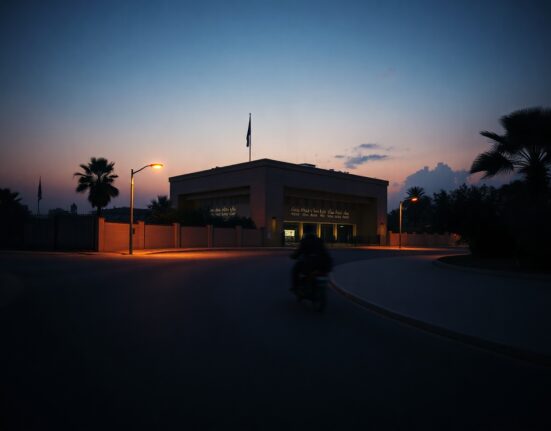 A quiet street and government building at dusk in a Middle Eastern city, representing the potential de-escalation between the US and Iran.