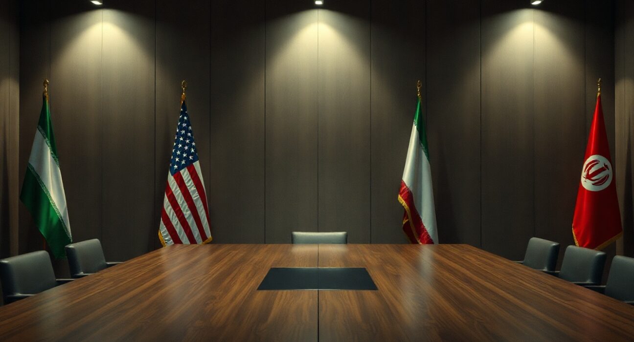 Empty negotiation table with US and Iranian flags in a dimly lit diplomatic room