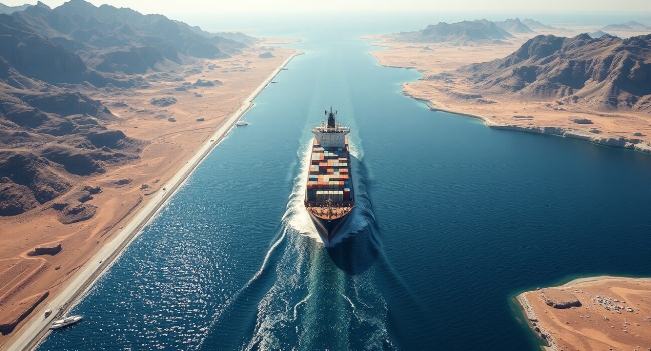 Strategic Strait of Hormuz waterway with commercial shipping traffic, central to Trump's Iran joint venture proposal.