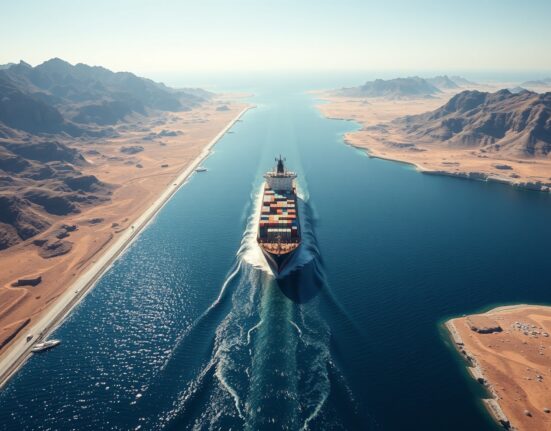 Strategic Strait of Hormuz waterway with commercial shipping traffic, central to Trump's Iran joint venture proposal.