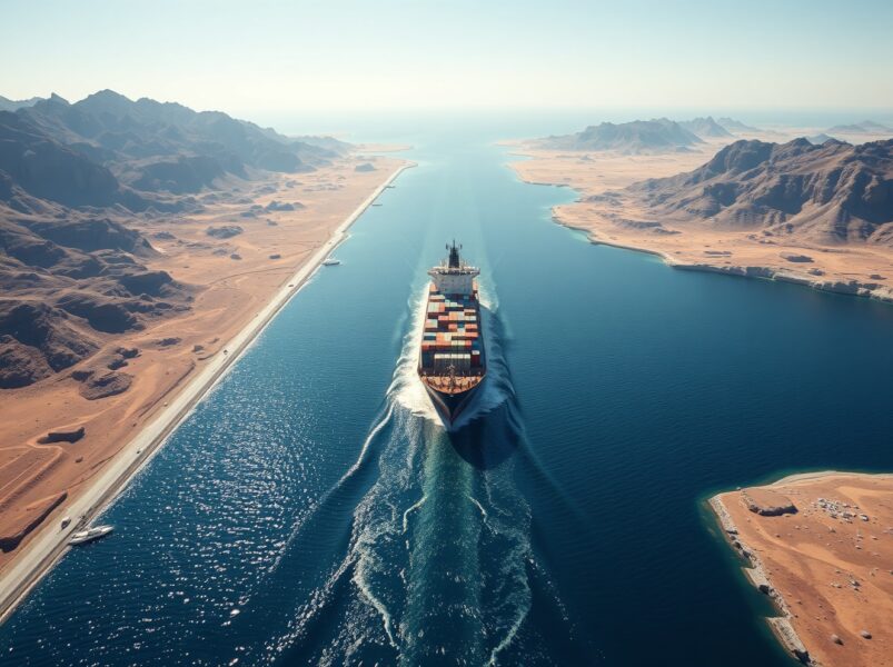 Strategic Strait of Hormuz waterway with commercial shipping traffic, central to Trump's Iran joint venture proposal.