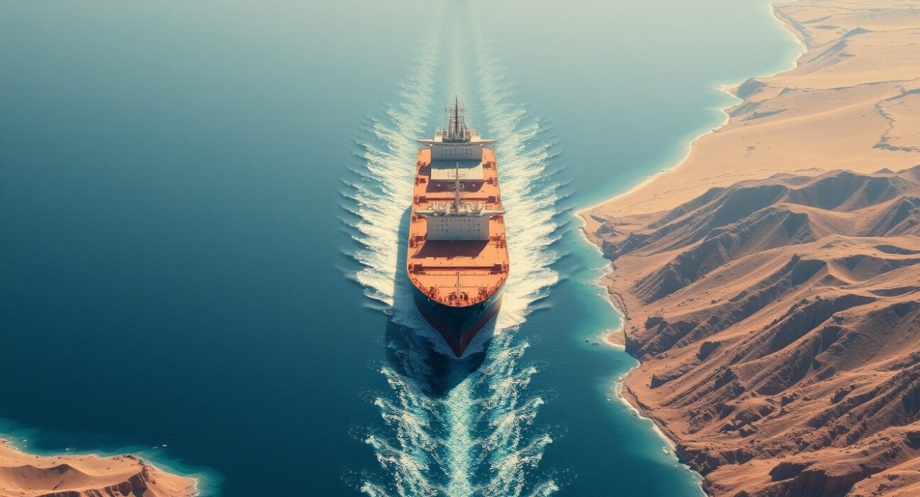 Oil tanker navigating the strategic Strait of Hormuz waterway between Iran and Oman