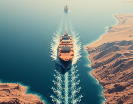 Oil tanker navigating the strategic Strait of Hormuz waterway between Iran and Oman