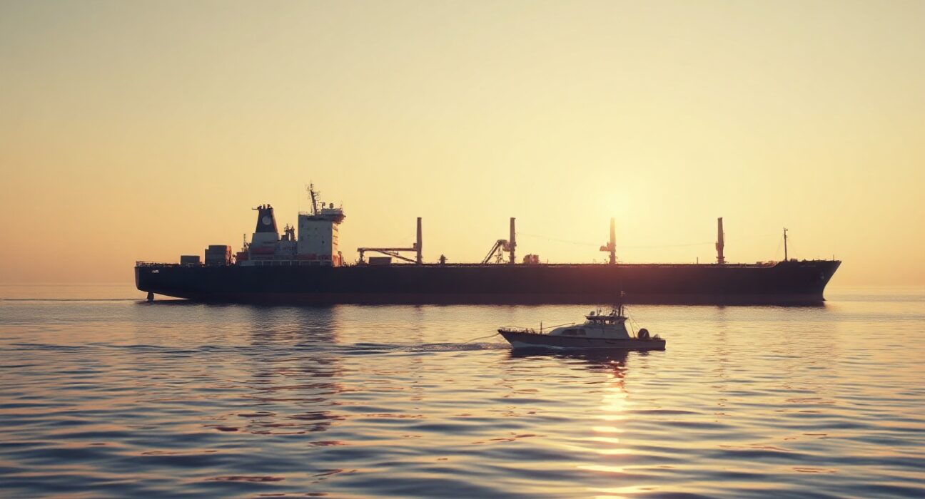 Aerial view of oil tanker and Iranian patrol boat in the Strait of Hormuz at sunset.