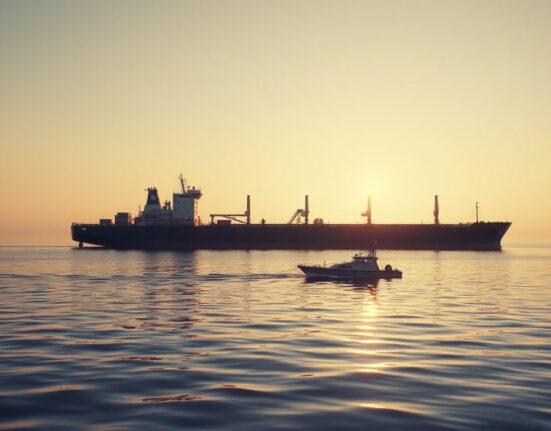 Aerial view of oil tanker and Iranian patrol boat in the Strait of Hormuz at sunset.