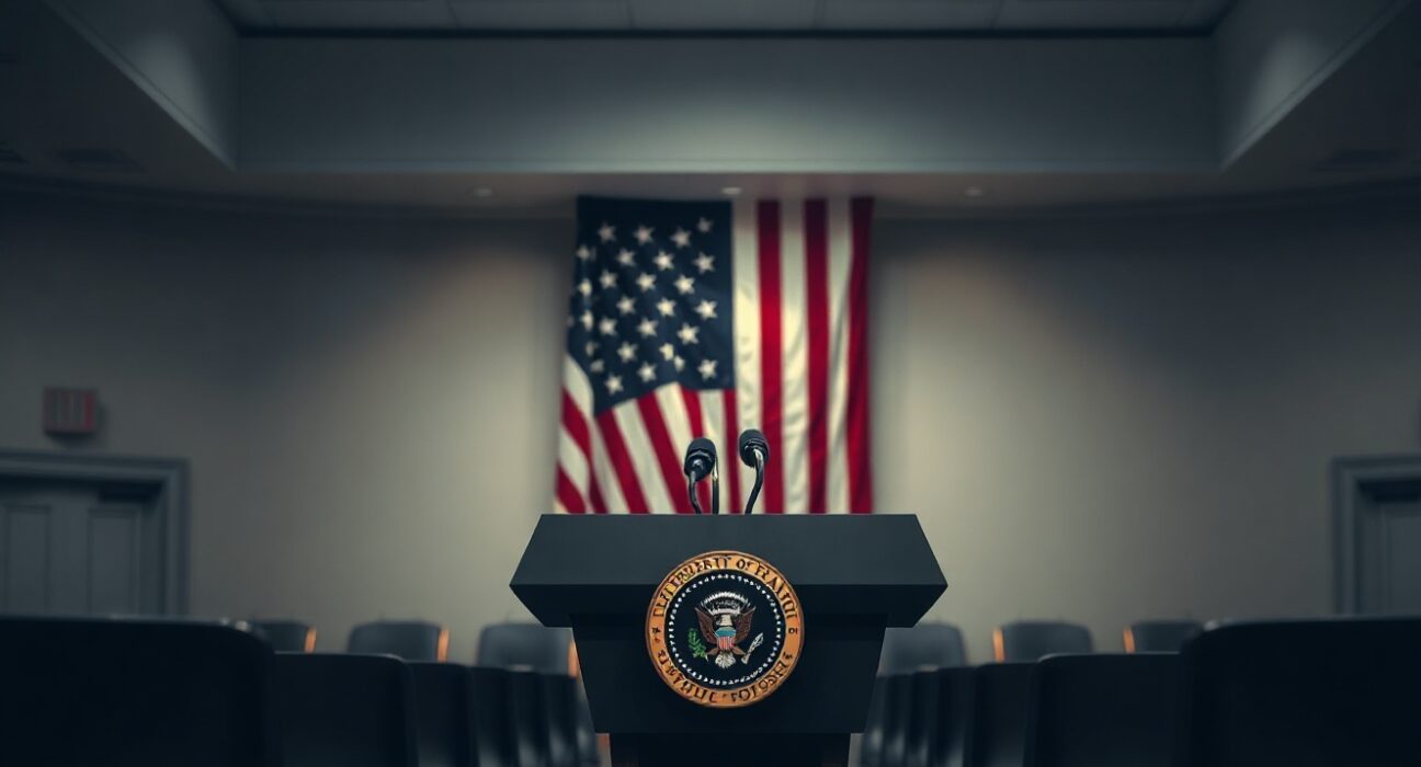 White House briefing room podium with American flag in background, representing a presidential statement.