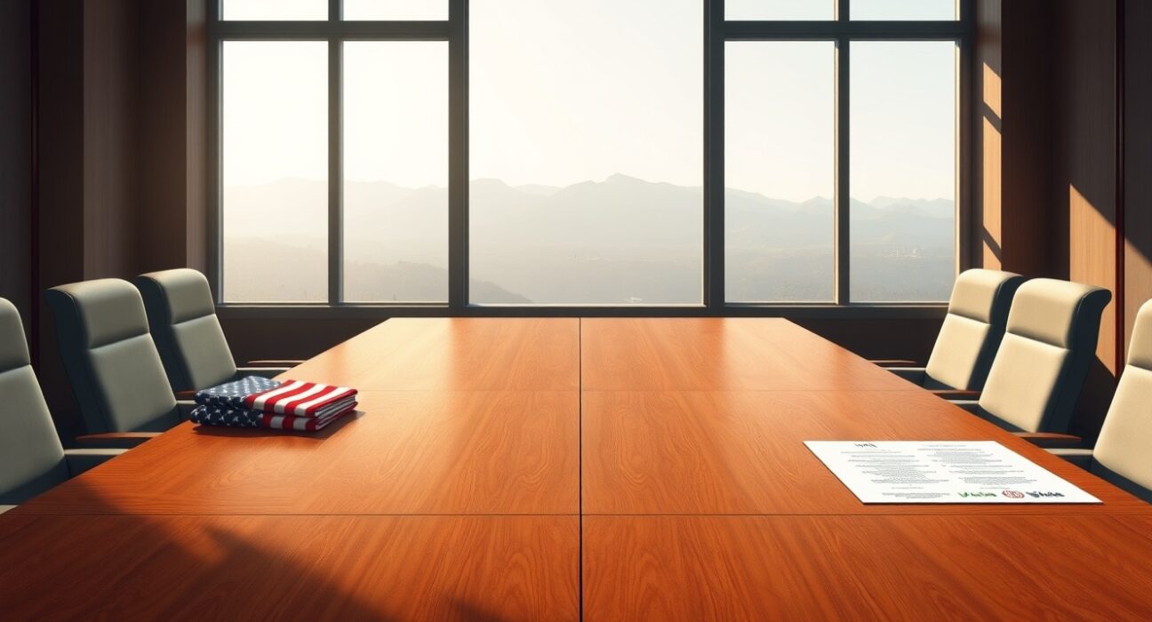 Symbolic representation of collapsed US-Iran diplomatic talks with empty negotiation table