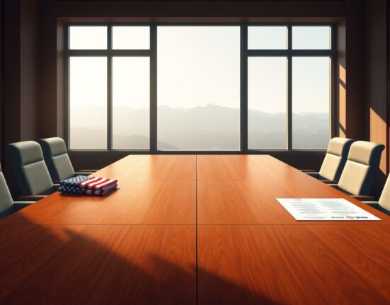 Symbolic representation of collapsed US-Iran diplomatic talks with empty negotiation table